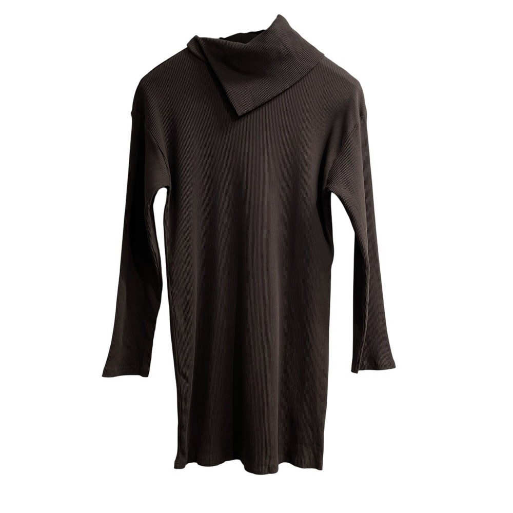 Zara Dress Womens M Brown‎ Ribbed Knit High Fold Down Neck Midi Dark Academia